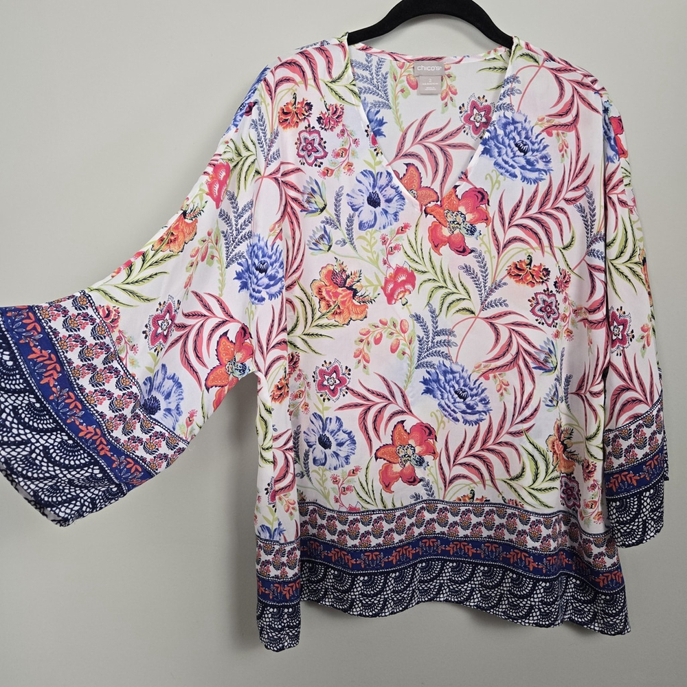 Chicos Womens Artsy Floral 3/4 Sleeve Top Large Colorful Lightweight Semi Sheer